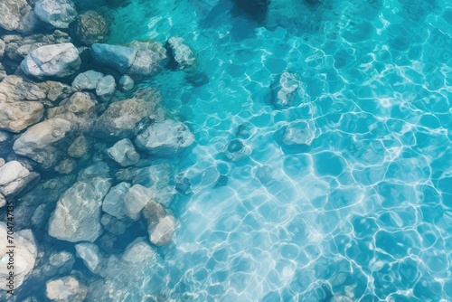 Clear blue water with rocks at the bottom 