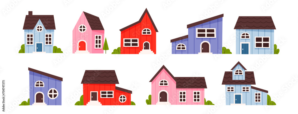 Set of cute different houses, vector cartoon illustration isolated on white background