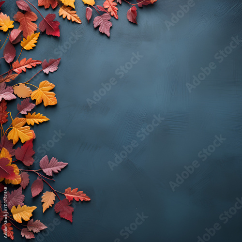 Autumn background with colored red leaves on blue slate background. Top view  copy space  AI Generated