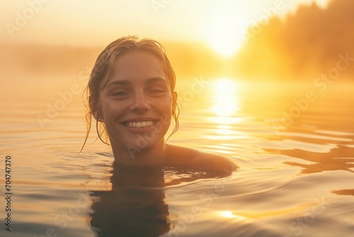 Happy woman seen in lake during sunset