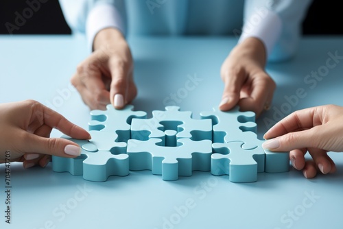 Diverse group of businesswomen assemble jigsaw puzzle