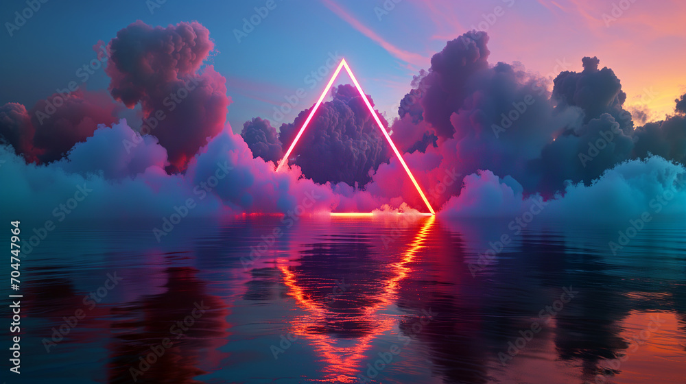 Colorful Neon Glowing Triangles In a Cloudy Environment, Water Reflection