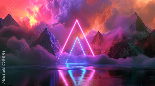 Colorful Neon Glowing Triangles In a Mountain Environment