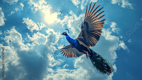Under the blue sky and white clouds, the blue peacock is flying