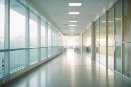 Blur image background of hospital clinic corridor empty hallway glass window ceiling door healthcare generative ai