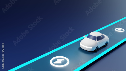 EV car with charging road, Electric vehicle car charge battery from driving on road. Sustainable energy, environmental friendly. Alternative energy in transportation technology. 3D rendering.