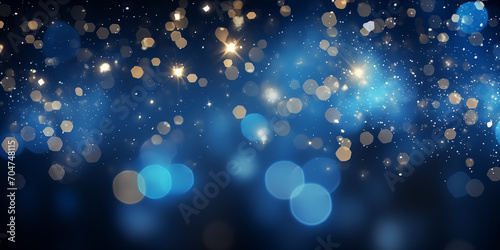 Shiny Dust Particles Galaxy in Blue Fluid Gold glittering particles floating in a blue liquid Abstract magic sparkling background creating a celestial ambiance flying glitter technology.AI Generative