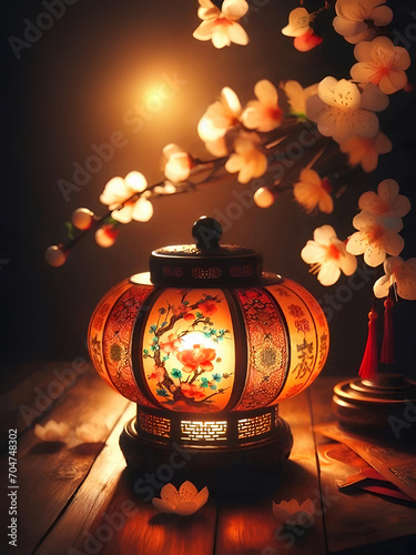 yellow lantern with flower on dark background