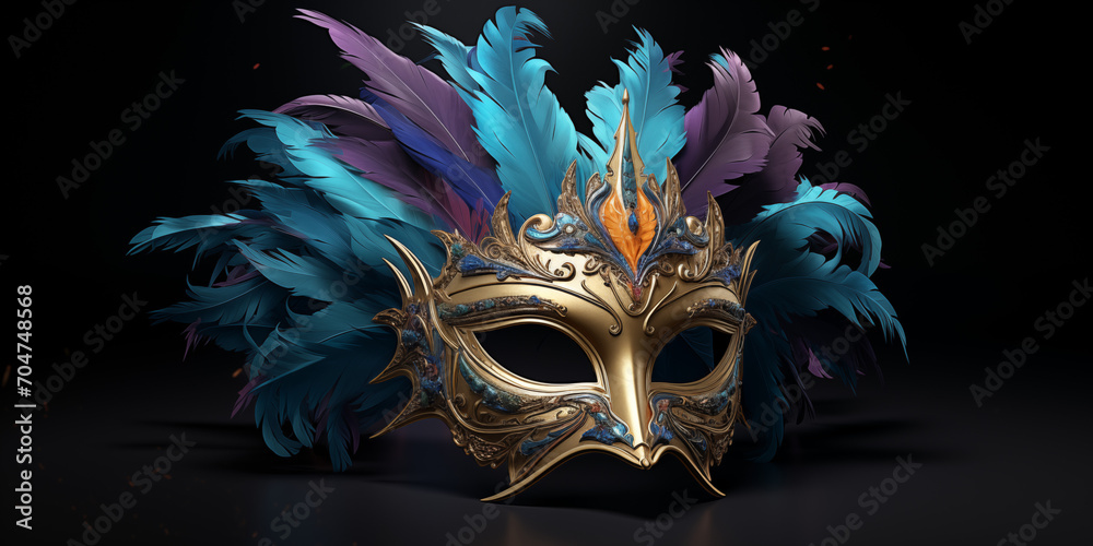 Venetia carnival mask. Gold color, colored feathers. Happy carnival festival, attributes of the Brazilian carnival. Venetian carnival mask and beads decoration. Mardi Gras background.