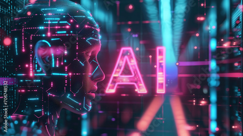 Futuristic Artificial Intelligence: Holographic Profiles, Glowing Data Streams, and Cybernetic Human Faces with Neon Lights and Circuitry