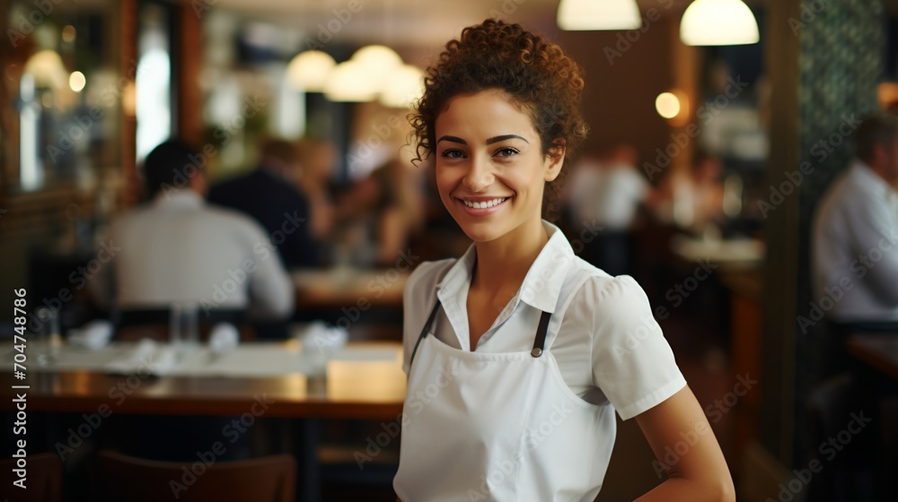 Portrait of a Smiling Waitress in a Busy Restaurant Portrait of a Smiling Waitress in a Busy Restaurant
