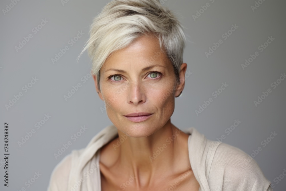 Portrait of beautiful middle-aged woman with short blond hair.