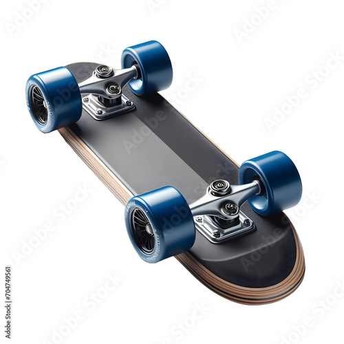 photorealistic skateboard with a blue wheel on a transparent background, product photography