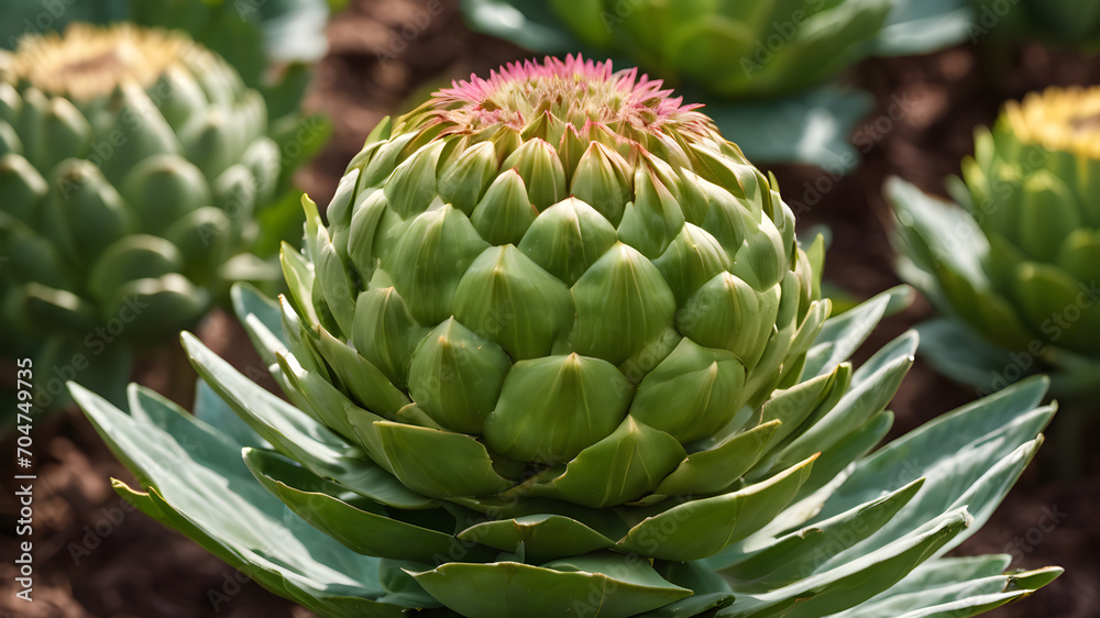 Artichoke on a green background, globe artichoke vegetable, medicine food wallpaper, Healthy Burgeoning Organic Artichokes in Fine Flourishing Growth. Artichoke on a green background, globe artichoke vegetable, medicine food wallpaper, Healthy Burgeoning Organic Artichokes in Fine Flourishing Growth.