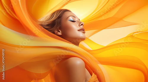 A portrait showcases a woman with an orange scarf flowing in the wind, her hair glowing in the same hue.