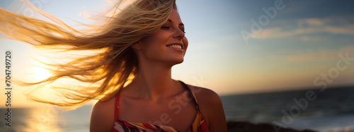 A woman's hair flows in the wind, backlit by the setting sun, as she turns her head with a smile.