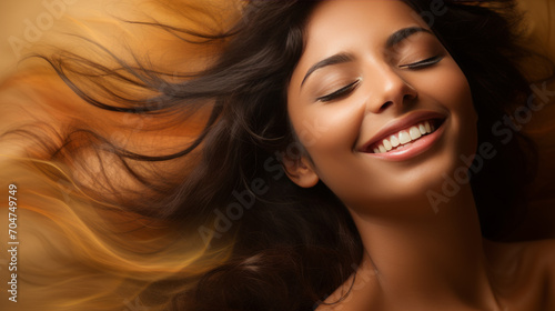 An Indian woman with brown skin and dark hair blowing in the wind smiles beautifully. photo