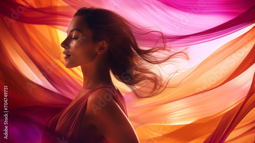 A woman stands before a colorful backdrop, her hair and a silk fabric flowing in the wind.