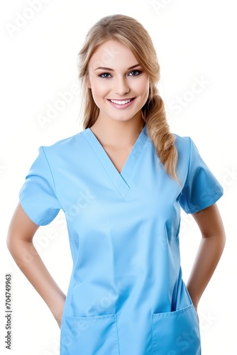 Portrait of a smiling female doctor or nurse in blue uniform