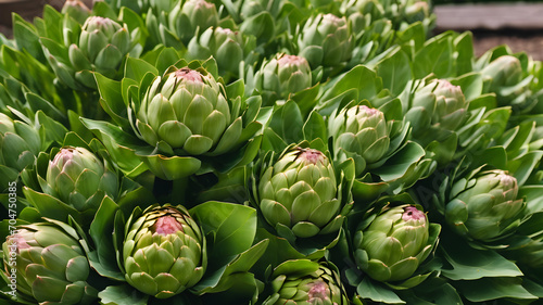 Artichoke on a green background, globe artichoke vegetable, medicine food wallpaper, Healthy Burgeoning Organic Artichokes in Fine Flourishing Growth.