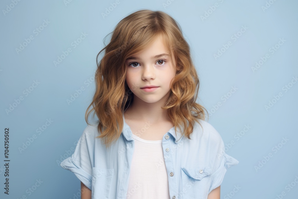 Portrait of a cute little girl with blond hair on a blue background Portrait of a cute little girl with blond hair on a blue background
