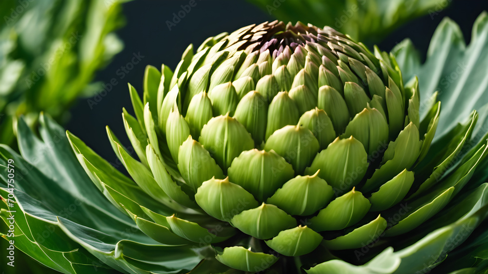 Obraz premium Artichoke on a green background, globe artichoke vegetable, medicine food wallpaper, Healthy Burgeoning Organic Artichokes in Fine Flourishing Growth.