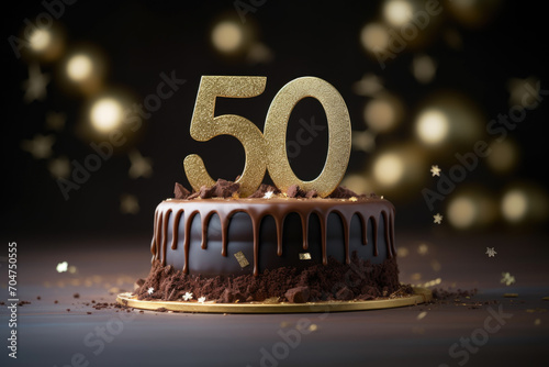 Luxurious Chocolate Ganache Cake with Golden 50 Topper for Birthday photo