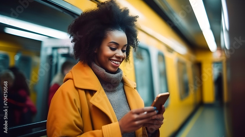 afro woman using her cell phone in the subway
