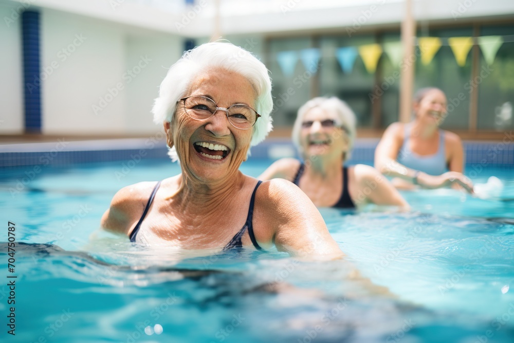 Three elderly women are exercising in a swimming pool