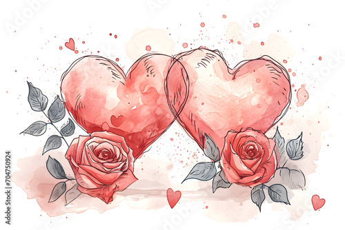 A pair of hearts and roses painted on white background, watercolor style illustration, Valentine's Day concept, Generative AI