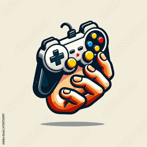 Vector illustration of a human hand holding a game controller. Classic design pop art concept. Background of this illustration is clean and plain, giving full focus to the game's hands and controller