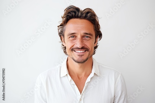 Portrait of a handsome young man smiling at the camera isolated on a white background