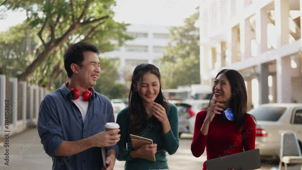 Classmate student friend walking on walkwayand talk about learning content subject in classroom on laptop within university or high school Classmate student friend walking on walkwayand talk about learning content subject in classroom on laptop within university or high school