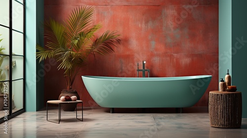 Teal bathtub in a modern bathroom with a rust-colored wall