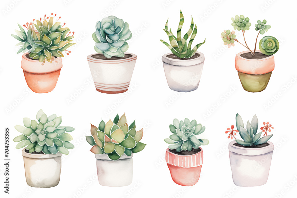 Watercolor from a cute succulent pot plants on white background.
