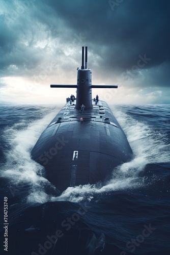 Heavy atomic submarine floating in ocean. Excellent aerials over a submarine at sea.