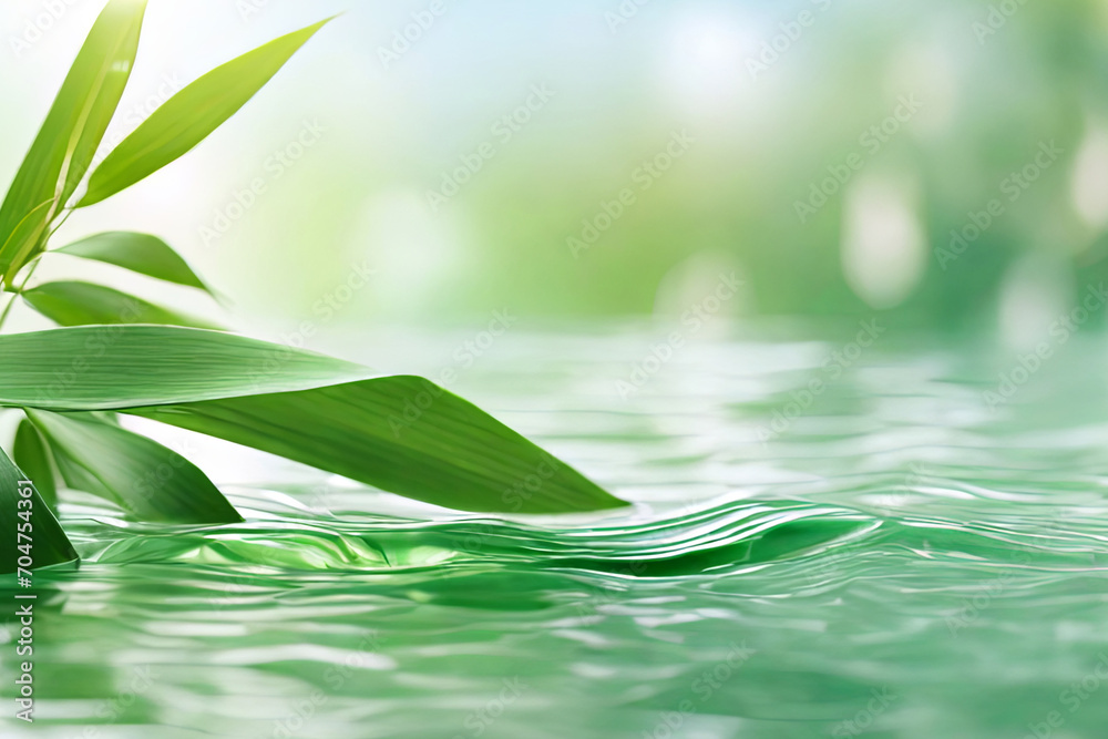 Tranquil spa banner. Bamboo leaf on transparent water wave in sunlight. Ideal concept for travel, cosmetics, and beauty care promotions.