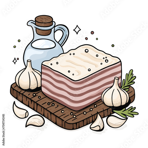 fresh bacon and red wine. Ukrainian lard with vodka and garlic. appetizer bacon and garlic.