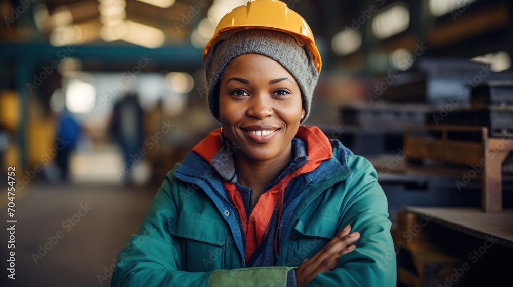 Portrait of a smiling African American woman wearing a hard hat in a factory