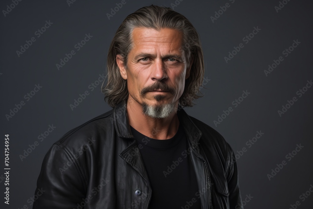 Handsome middle aged man in black leather jacket. Studio shot.