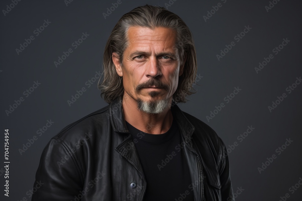 Handsome middle aged man in black leather jacket. Studio shot. Handsome middle aged man in black leather jacket. Studio shot.