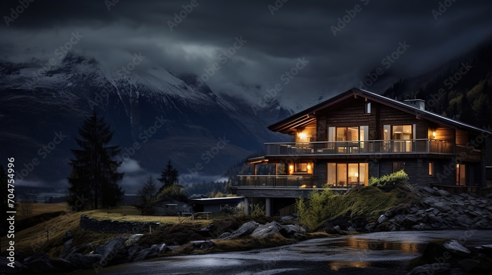 Modern mountain house with stunning night view
