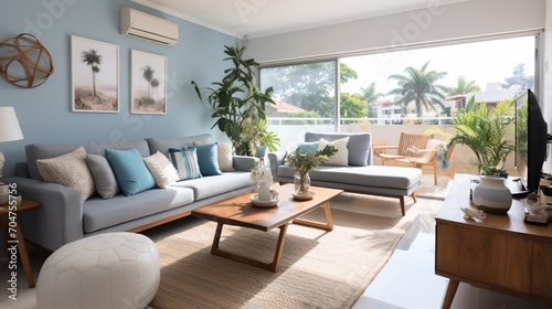 Modern coastal living room with blue sofa and natural elements