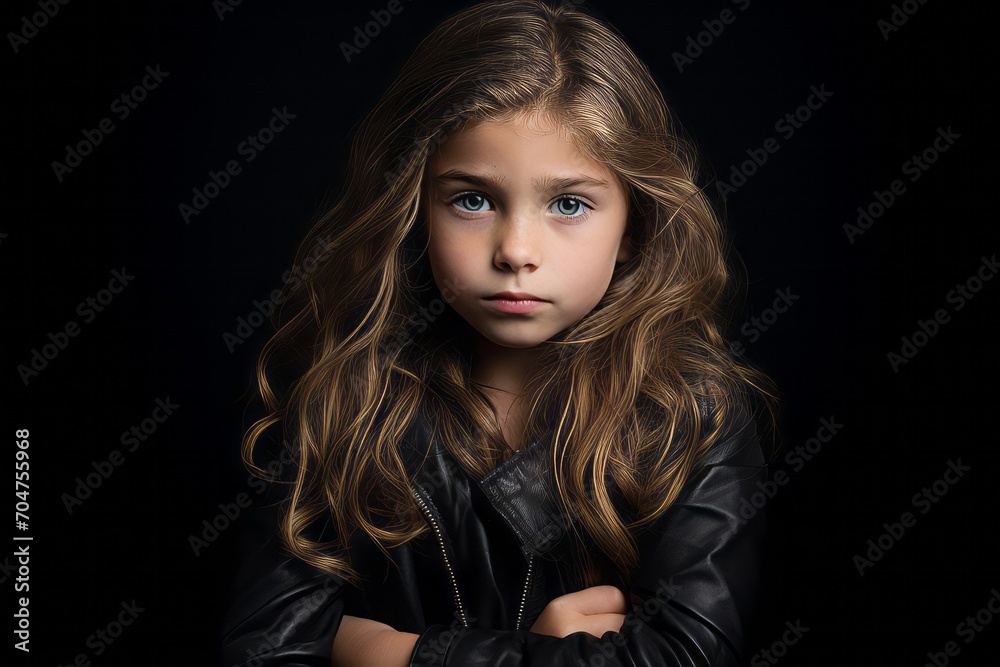Portrait of a beautiful little girl in a leather jacket on a black background.