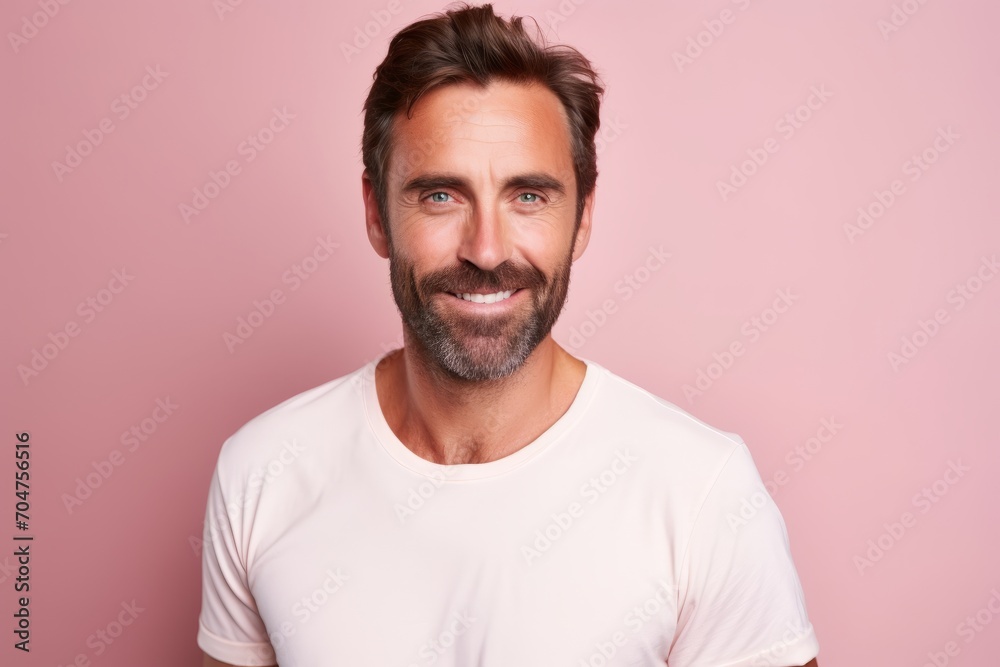 Portrait of handsome mature man looking at camera and smiling while standing against pink background