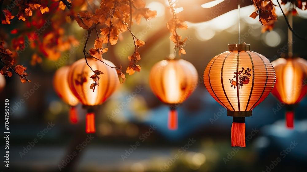 A row of red chinese lanterns   bokeh ,New Year Celebration, Chinese New year, Chinese New year Celebratin - obrazy, fototapety, plakaty 