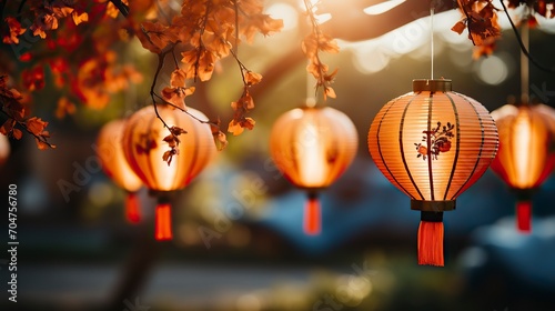 A row of red chinese lanterns   bokeh ,New Year Celebration, Chinese New year, Chinese New year Celebratin