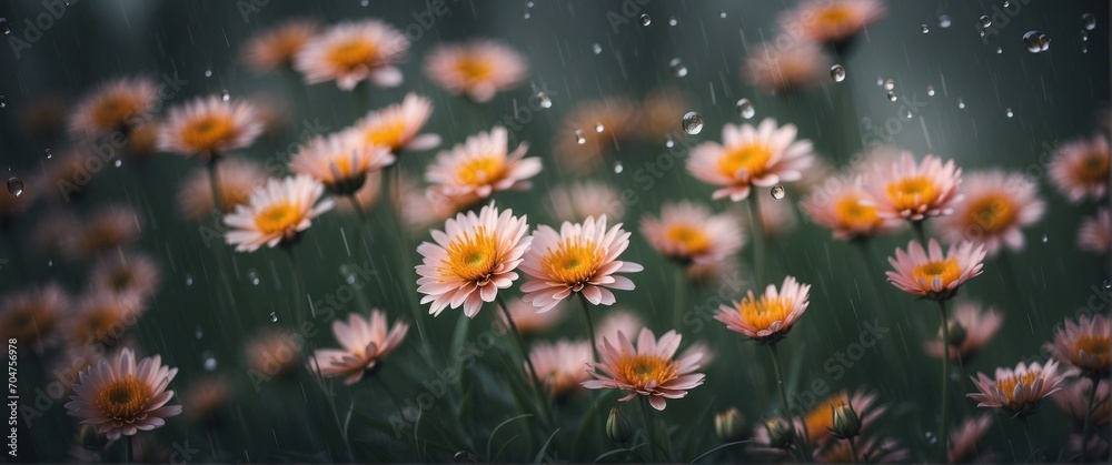Pink daisies with raindrops on the background of green grass Pink daisies with raindrops on the background of green grass