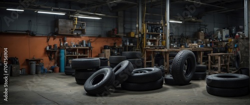 Tires in a car repair shop. Auto service industry. Auto service