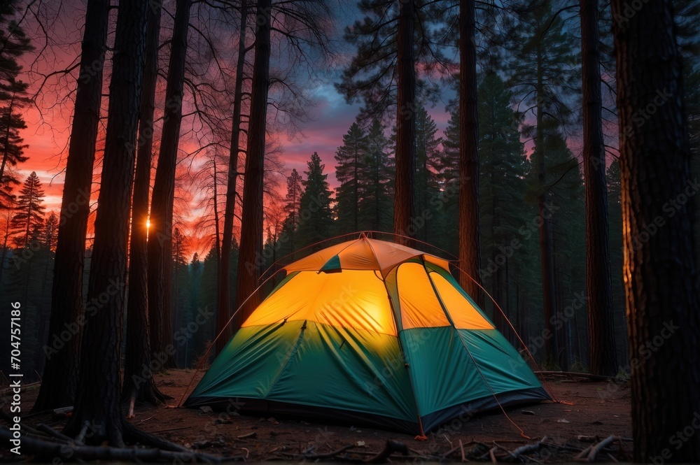Camping tent in the pine forest at sunset. Camping concept